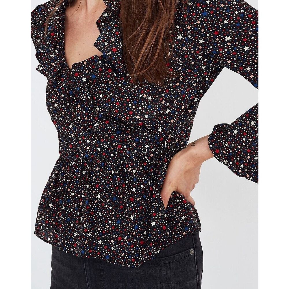 MADEWELL Women’s Black Multicolor Long Sleeve Starry Night Ruffled Wrap Top Size